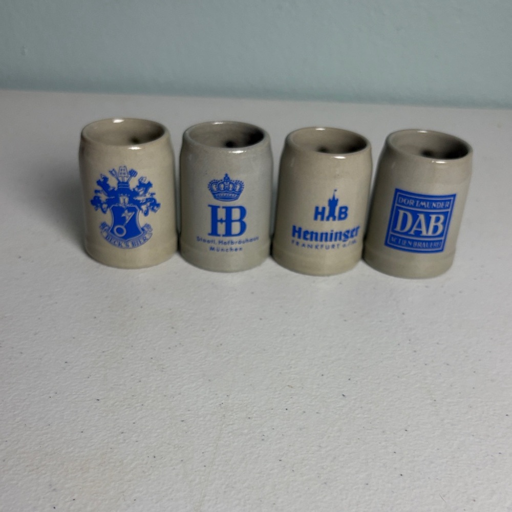 Set of 4 Miniature Ceramic Beer Mugs with Blue Logos from German Breweries